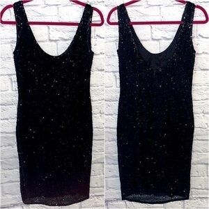 Vintage Beaded Black Tie Silk Lined Black Sleeveless Back Center Zip Mini Dress
